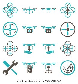 Flying drone flat bicolor icons. These pictograms use grey and cyan colors. These bicolor glyphs are isolated on a white background.