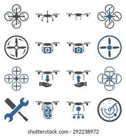Flying drone flat bicolor icons. These pictograms use cobalt and gray colors. These bicolor glyphs are isolated on a white background.