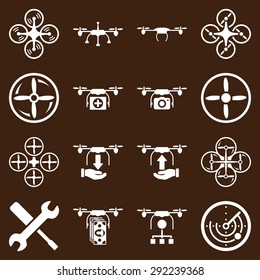Flying drone flat bicolor icons. These pictograms use white color. These glyphs are isolated on a brown background.