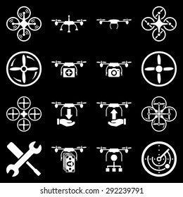 Flying drone flat bicolor icons. These pictograms use white color. These glyphs are isolated on a black background.