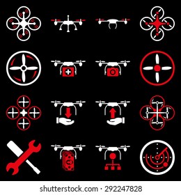 Flying drone flat bicolor icons. These pictograms use red and white colors. These bicolor glyphs are isolated on a black background.