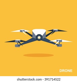 Flying drone flat icon. Aerial drone footage icon. Remote aerial quadrocopter with a camera. Flat design. Isolated