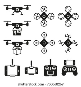 Flying drone flat icons on white background. Quadcopter sings isolated set.