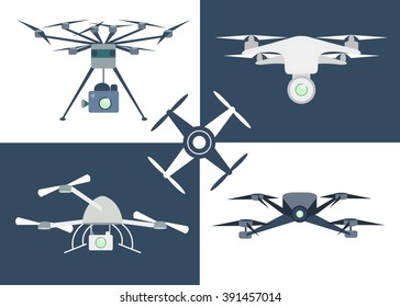 Flying drone flat icons. Set of aerial drone footage icons. Remote aerial quadrocopters with a camera. Flat design. Isolated