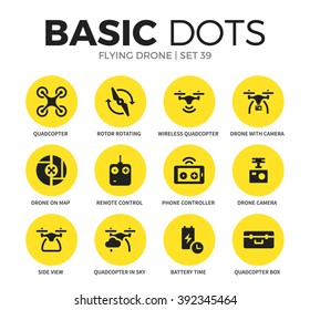 Flying drone flat icons set with quadcopter form, battery time and drone camera form isolated vector illustration on white