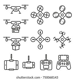 Flying drone flat line style icons on white background. Quadcopter sings isolated set.
