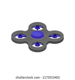 Flying drone with four blue rotor blades. Unmanned aerial device. Remote controlled. Modern technology. Element for advertising poster or banner. Isolated vector illustration in flat style.