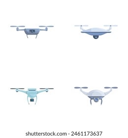 Flying drone icons set cartoon vector. Drone quadrocopter with camera. Modern technology