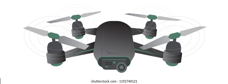 Flying drone isolated on white background. Quadcopter flying with video camera. 