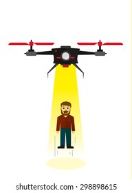 Flying drone kidnapping a human being in flat style 
