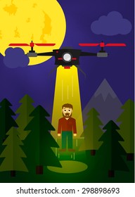 Flying drone kidnapping a human being in the forrest flat style