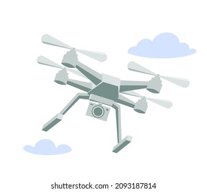 Flying drone  on the background of the sky. Simple vector drawing of drone with digital camera. Eps10 vector.