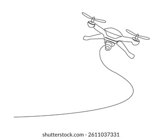 Flying drone outline drawing illustration. one continuous line drawing of drone aircraft.