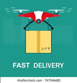Flying drone quadcopter with cardboard boxes.  Vector flat illustration