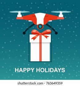 Flying drone quadcopter with a giftt. Vector flat illustration