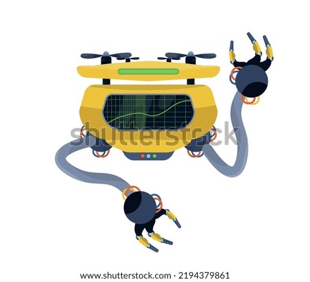 Flying drone robot isolated. Assistant android. Copter. Futuristic, fictional cyborg, artificial intelligence. Alien, fantastic machine. Funny picture for kids. Flat vector illustration.
