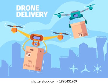 Aviones teledirigidos. Sistemas de control remoto de helicópteros de aeronaves en el cielo por encima de las tecnologías inteligentes de la ciudad para el servicio de entrega caricatura garish vectorial