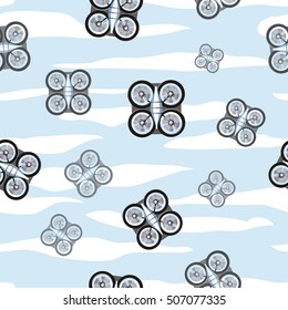 Flying drones seamless pattern vector. Flat design. Drones with four propellers and mounted camera maneuvering in the sky. Modern technology. For wrapping paper, printing on fabric, web pages design