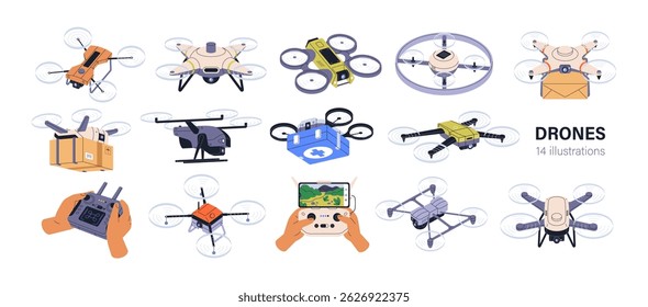 Flying drones set. Aerial unmanned vehicles with cameras, propellers. Military UAV, air robots for videography, observation, delivery copters. Flat vector illustration isolated on white background.