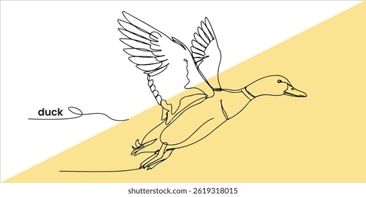 Flying duck continuous single line art drawing sketch on white background	