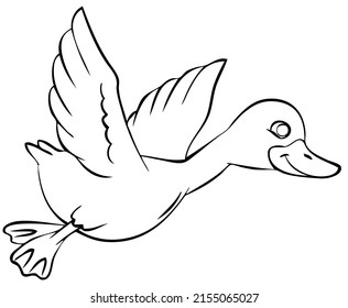 Pato volador. Elemento para colorear página. Estilo de caricatura.