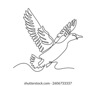 Flying duck one line drawing on white isolated background. Vector illustration