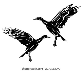 flying duck side view black and white vector outline - wild bird silhouette design set