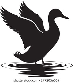 Flying duck silhouette flapping wings on water ripples. Black waterfowl bird vector illustration isolated on white background. Nature graphic.