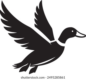 Flying duck silhouette, isolated vector. Duck black silhouette isolated on white background. Vector illustration