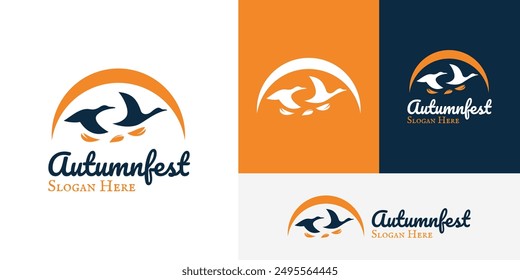 Flying Duck Sunset Autumn Fall Leaf Festival Logo Design Branding Template