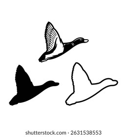 Flying Duck Vector Set. Silhouette, Line Art And Detailed Illustration.