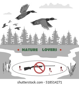 flying ducks and clouds. away forest and reeds.
Rifle banned. totally vector illustration.
