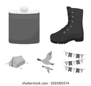 Flying ducks, flask, boots, tent..Hunting set collection icons in monochrome style vector symbol stock illustration web.