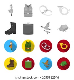 Flying ducks, flask, boots, tent..Hunting set collection icons in monochrome,flat style vector symbol stock illustration web.