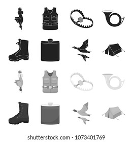 Flying ducks, flask, boots, tent..Hunting set collection icons in black,monochrome style vector symbol stock illustration web.