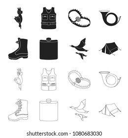Flying ducks, flask, boots, tent..Hunting set collection icons in black,outline style vector symbol stock illustration web.
