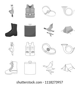 Flying ducks, flask, boots, tent..Hunting set collection icons in outline,monochrome style vector symbol stock illustration web.
