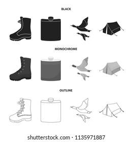 Flying ducks, flask, boots, tent..Hunting set collection icons in black,monochrome,outline style vector symbol stock illustration web.