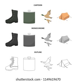 Flying ducks, flask, boots, tent..Hunting set collection icons in cartoon,outline,monochrome style vector symbol stock illustration web.