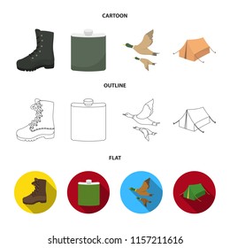 Flying ducks, flask, boots, tent..Hunting set collection icons in cartoon,outline,flat style vector symbol stock illustration web.