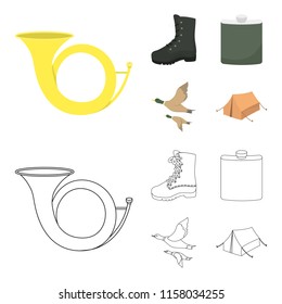 Flying ducks, flask, boots, tent..Hunting set collection icons in cartoon,outline style vector symbol stock illustration web.