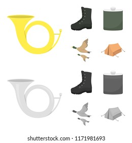 Flying ducks, flask, boots, tent..Hunting set collection icons in cartoon,monochrome style vector symbol stock illustration web.