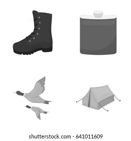 Flying ducks, flask, boots, tent..Hunting set collection icons in monochrome style vector symbol stock illustration web.