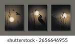 Flying ducks, standing heron (crane), marsh grass thicket, cattail and reed against the night sky background with the moon and clouds. Silhouette landscape paintings set for room design or  cover.