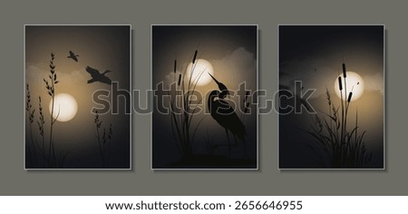Flying ducks, standing heron (crane), marsh grass thicket, cattail and reed against the night sky background with the moon and clouds. Silhouette landscape paintings set for room design or  cover.