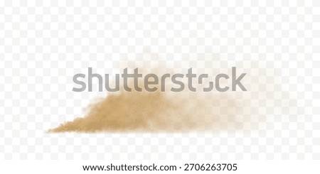 Flying dust cloud from car on transparent background. Sandy particles create realistic dirt explosion effect with brown powder dispersing through air.
