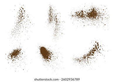 Flying dust particles coffee powder vector illustration splash isolated background set