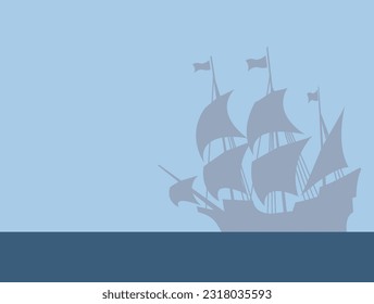 The Flying Dutchman. A ghostly sailing ship on the misty horizon. Vector image for prints, poster and illustrations.