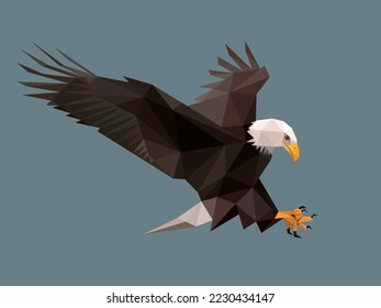 Flying Eagle in abstract polygon. Eagle in Polygonal low poly vector.  Ferocious Eagle Low Poly American Logo