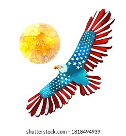 Flying eagle with american flag. US Independence Day. Print eagle and sun. Vector illustration